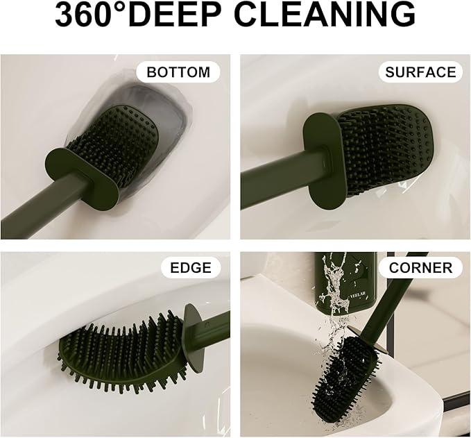 Toilet Brush and Holder Set - Wall Mounted Bathroom Scrub Brush, Toilet Bowl Brush and Plunger Set for Bathroom Cleaner (Green)
