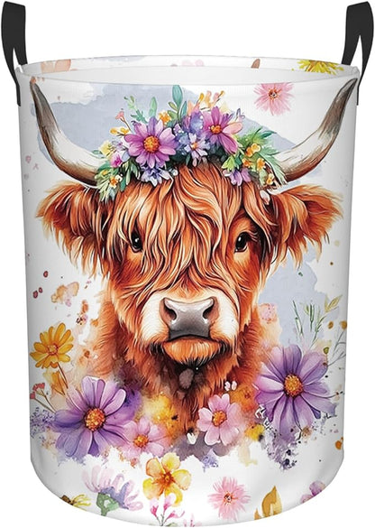 Highland Cow Laundry Basket, 43L Round Oxford Cloth Laundry Hamper, Waterproof Collapsible Storage Organizer Bin with Handles for Toys, Nursery Home Storage, Gift for Chritsmas Thanksgiving 13.8x17.7