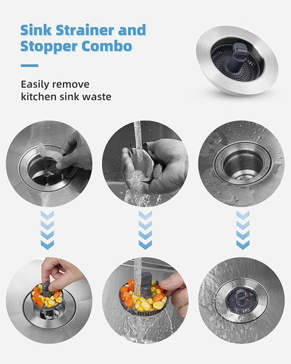 Universal 3 in 1 Kitchen Sink Drain Strainer Stopper Combo, Stainless Steel Shell Pop Up Sink Stopper for US Standard 3-1/2 inch Drain Filter, Anti-Clog and Easy Clean
