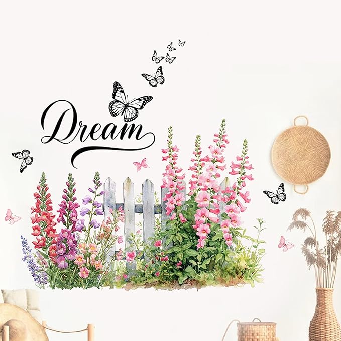 Romantic Bellflowers Fence Decals Floral Wall Decor, Campanula Fence Flowers Stickers Wall Art Murals, Flower Pattern Self-Adhesive Stickers for Girls Bedroom Bathroom Door Nursery Decor