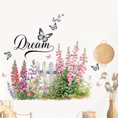 Romantic Bellflowers Fence Decals Floral Wall Decor, Campanula Fence Flowers Stickers Wall Art Murals, Flower Pattern Self-Adhesive Stickers for Girls Bedroom Bathroom Door Nursery Decor