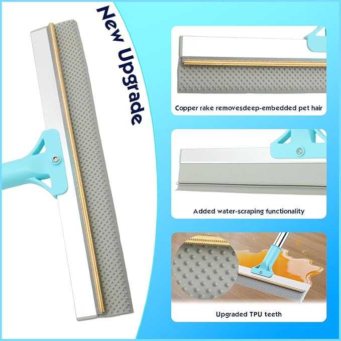 Carpet Rake for Pet Hair Removel, 3 in 1 TPU and Copper Rake Teeth, 54" Adjustable Long Handle Carpet Rake, Reusable Pet Hair Remover for Rugs, Mats, Stairs with Pet Hairs Removal Glove, 2 Hooks