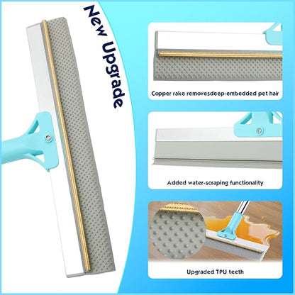 Carpet Rake for Pet Hair Removel, 3 in 1 TPU and Copper Rake Teeth, 54" Adjustable Long Handle Carpet Rake, Reusable Pet Hair Remover for Rugs, Mats, Stairs with Pet Hairs Removal Glove, 2 Hooks