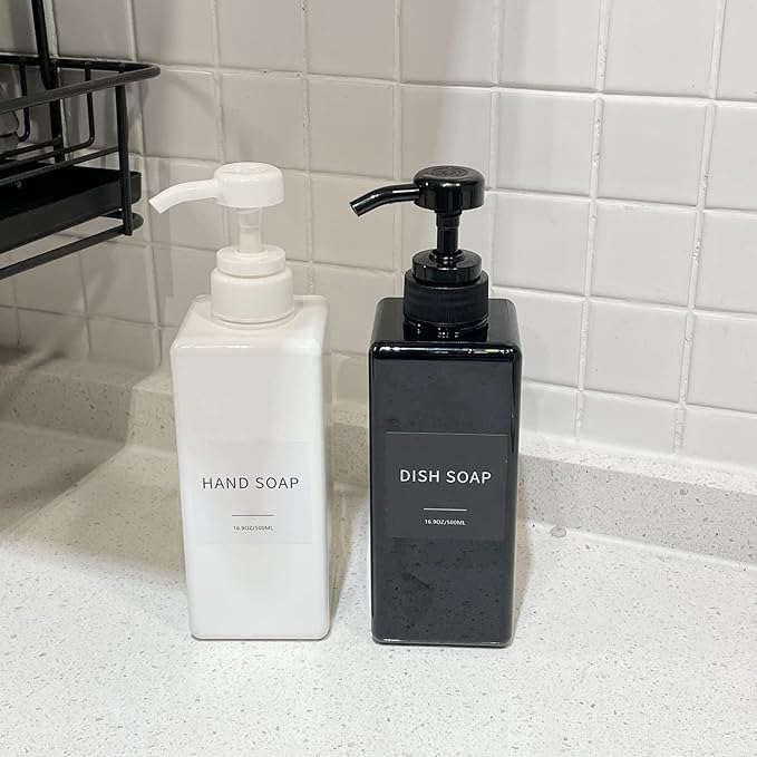 Soap Dispenser with Waterproof Labels, Thickened Plastic Hand Soap Dispenser for Bathroom, Kitchen Dish Washing Liquid Bottles, Shampoo and Conditioner Bottles with Funnel (16oz 4Pack Black White)