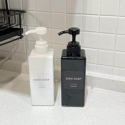 Soap Dispenser with Waterproof Labels, Thickened Plastic Hand Soap Dispenser for Bathroom, Kitchen Dish Washing Liquid Bottles, Shampoo and Conditioner Bottles with Funnel (16oz 4Pack Black White)