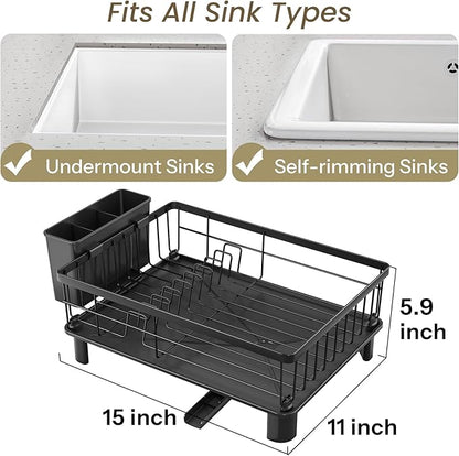SNTD Dish Drying Rack - Space-Saving Dish Rack for Kitchen Counter, Stainless Steel Dish Drainer with Utensil Holder and Drainboard, 11" W x 15" L (Black)