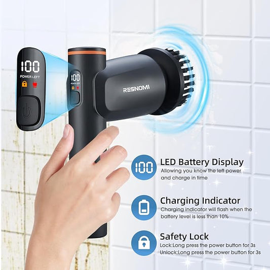 Electric Spin Scrubber, Cordless Bathroom Shower Scrubber with LCD Display & 2 Speeds, IPX7 Waterproof Cleaning Brush, 6 Replaceable Heads, 4-Hour Runtime for Kitchen Tile Bathtub Car, Gray-Black
