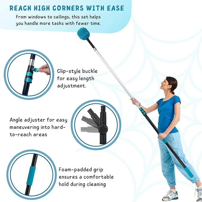 Cobweb Duster with 5-12 Ft Extension Pole, Spider Web Brush with Long Telescoping Pole for 20 Feet Reach, Window Cleaning Squeegee with Scrubber, High Ceiling Fan Dusters