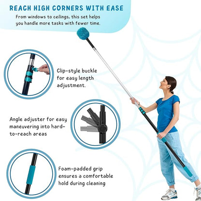 Cobweb Duster with 5-12 Ft Extension Pole, Spider Web Brush with Long Telescoping Pole for 20 Feet Reach, Window Cleaning Squeegee with Scrubber, High Ceiling Fan Dusters
