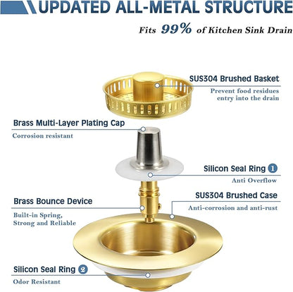 Kitchen Sink Drain Strainer 3 in 1, 304 Stainless Steel Pop Up Sink Stopper, Anti-Clogging Sink Drain Strainer for US Standard Kitchen Drain (Gold)
