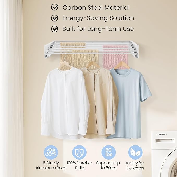 Wall Mounted Laundry Drying Rack, Carbon Steel Foldable & Retractable Clothes Drying Rack, Space Saving Adjustable Towel Holder for Bathroom, Laundry, Small Spaces (1, White, 80cm)