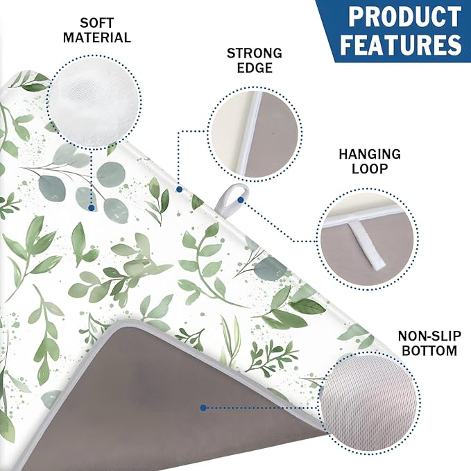 Spring Summer Sage Green Leaves Dish Drying Mat 16 x 18 Inch Spring Eucalyptus Leaf Dish Drainer Rack Mat Absorbent Microfiber for Holiday Kitchen Coffee Dining Bar Decor