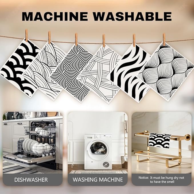 Swedish Dishcloths 6 Pack Reusable No Odor, Geometric Towels Kitchen Absorbent Cellulose Sponge Cloths, Washable Kitchen Dish Cloths for Dish Washing, Eco Home Cleaning
