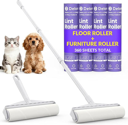 Two Large Lint Roller Set for Pet Hair: DELOMO 9.45” Extra-Wide Sticky Rollers - Long Handle for Floors & Carpets and Short Handle for Couches & Furniture - 360 Sheets Total - for Multi-Pet Homes