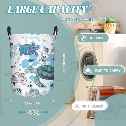 Sea Turtles Laundry Basket, Laundry Hamper Basket Ocean Theme Round Clothes Basket, 43L Collapsible Storage Organizer Bin with Handles for Toys, Gift for Chritsmas Thanksgiving 13.8x17.7in