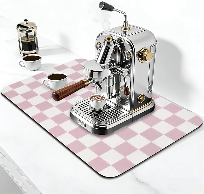 CooRug Checkered Dish Drying Mat for Kitchen Counter, Absorbent Non-Slip Coffee Mat, Heat Resistant Mat for Countertops Coffee Bar Decor 12" x 20" Pink