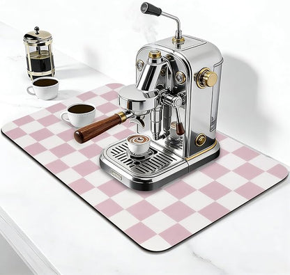 CooRug Checkered Dish Drying Mat for Kitchen Counter, Absorbent Non-Slip Coffee Mat, Heat Resistant Mat for Countertops Coffee Bar Decor 12" x 20" Pink