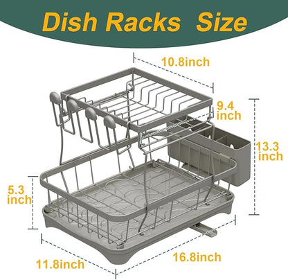LIYI Dish Drying Rack,Large Dish Rack for Kitchen Counter,2-Tier Dish Racks with draining Tray,Detachable Capacity Dish Drainer Organizer,Grey