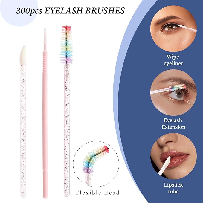 300 PCS Eyelash Extension Supplies Kit, Disposable Micro Applicator Brush, Eyebrow Spoolie, Lip Brush, Mascara Wand Applicator(Rainbow sets）