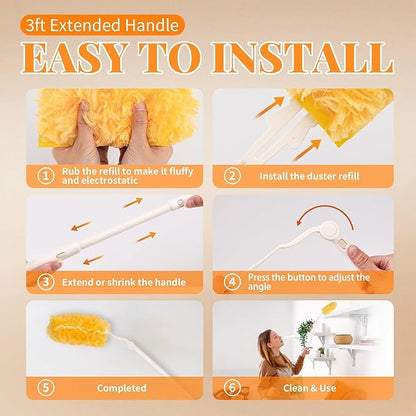 Duster Refill for Swiffer Duster, 50 Count Disposable Dusters Kit for Cleaning Dusting Furniture Blind Ceiling Fan, Multi Surface 360 Feather Duster + 3FT Extended Handle + Short Handle