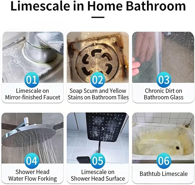 Powerful Shower Cleaner Spray, Multi Purpose Descaling Solution, 120ml Bottle with Microfiber Towel, Household Bathroom Cleaner Kit, Shower Head Accessory Quick Action, Cleaning Tool for Tiles Faucet