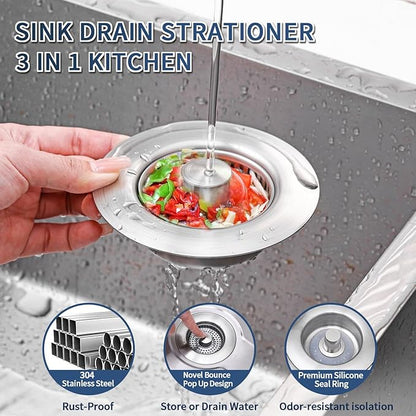 3-in-1 Kitchen Sink Drain Strainer & Sink Stopper - 304 Stainless Steel Pop Up Sink Drain Strainer, Anti-Clogging Kitchen Sink Stopper with Fast Drain Design, Fits Standard 3-1/2'' Sink Drains