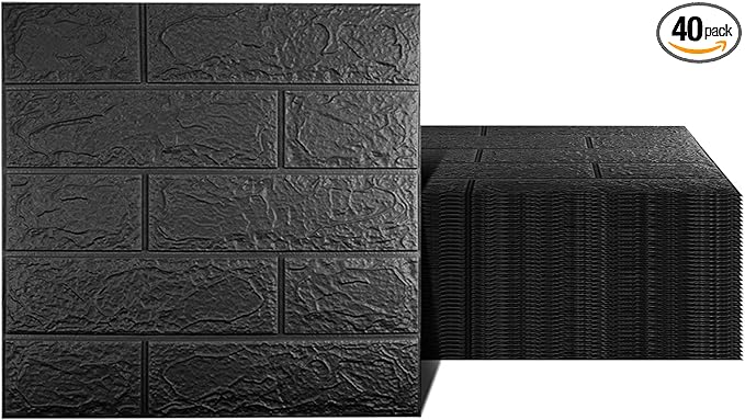 40 PCS Black 3D Wall Panels, 58 sq.feet Coverage Printable Wallpaper Sticker with Self-Adhesive Waterproof Brick PE Foam Wall Panels Peel and Stick for Interior Wall Decor, Home Decoration