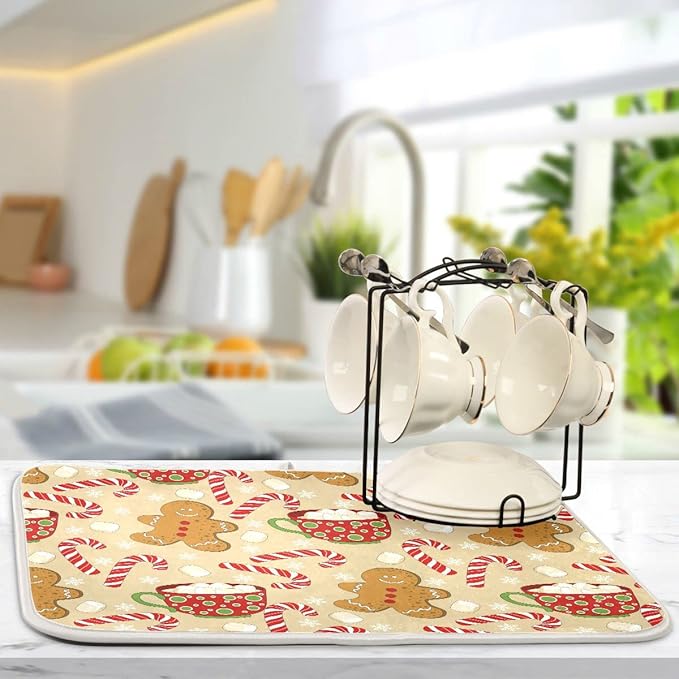 Christmas Gingerbread Man Candy Cane Dish Drying Mat for Kitchen Winter Snow Snowflake Snowman Xmas Microfiber Drying Mats Absorbent Reversible Dish Pad Medium Dish Draining Mat 16x18 inch