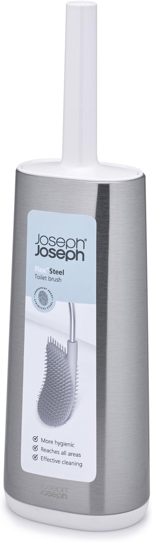 Joseph Joseph Flex Hygienic Silicone Toilet Brush with Slim Holder Set, Flexible Anti-drip, Anti-Clog Deep Clean Head - Stainless Steel