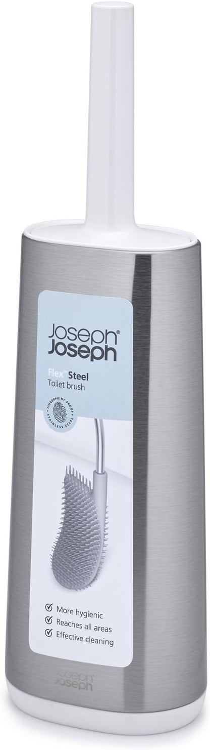 Joseph Joseph Flex Hygienic Silicone Toilet Brush with Slim Holder Set, Flexible Anti-drip, Anti-Clog Deep Clean Head - Stainless Steel