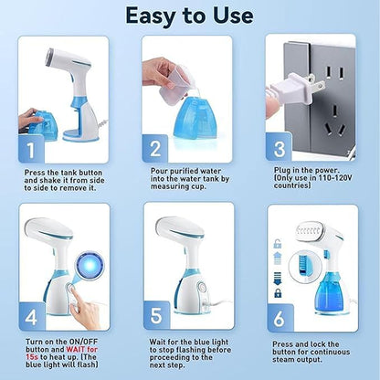 Asixxsix Steamer for Clothes, 1100W 280ml 15 Minutes Continuous Steaming, Handheld Steamer for Garment Offers Wet Dry Ironing, Portable Steaming Machine Garment for Home Travel (US Plug)