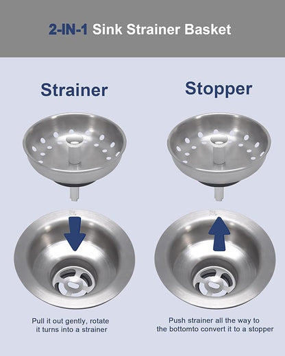 KONE 2PCS Kitchen Sink Basket Strainer Replacement for 3-1/2 Inch Standard Drains Brushed Stainless Steel Body Metal Center Knob with Rubber Stopper