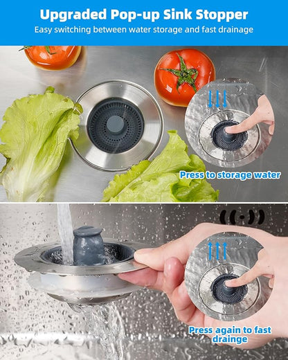 Hibbent Upgraded 3 in 1 Kitchen Sink Drain Strainer and Stopper Combo, Stainless Steel Metal Pop Up Sink Stopper, 3 Anti-Clogging Basket Strainer with Handle for US Standard 3-1/2 Inch Drain
