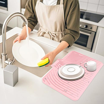 Dish Drying Mat for Kitchen Counter, with Built-in Drain Lip, Food-Grade Silicone, Easy Clean Pad for Countertop Protection, Multi-Functional Use (18x11.8, Pink)