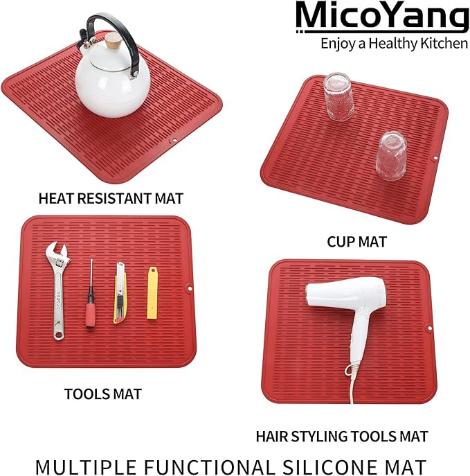 MicoYang Silicone Dish Drying Mat for Multiple Usage,Easy clean,Eco-friendly,Heat-resistant Silicone Mat for Kitchen Counter or Sink,Refrigerator or Drawer Liner Red XL 18 inches x 16 inches