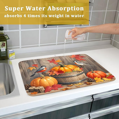 Fall Thanksgiving Dish Drying Mat for Kitchen Counter 18x24 Pumpkin Birds Autumn Harvest Seasonal Theme Absorbent Reversible Microfiber Drying Mats Kitchen Countertop Protector Dishes Drainer Pad