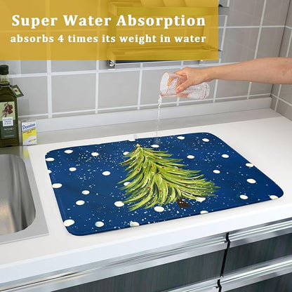 Christmas Tree Dish Drying Mat 18 x 24 Inch With Absorbent Reversible Microfiber Navy Blue Green Xmas Snowflake Drying Mats Winter Holiday Dish Drainer Mat Fast Dry For Kitchen Dining Room Decoration
