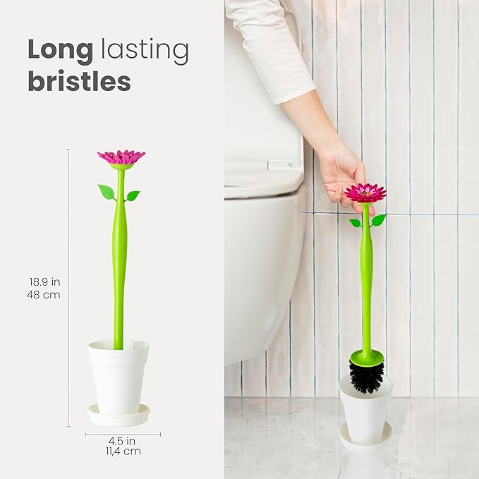 Vigar Flower Power Toilet Brush with Holder Set Toilet Brush with Daisy-shaped Handle, Flowerpot Base with Saucer Durable Bristles for Bathroom, White