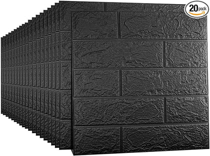 20 PCS Black 3D Wall Panels, 29 sq.feet Coverage Printable Wallpaper Sticker with Self-Adhesive Waterproof Brick PE Foam Wall Panels Peel and Stick for Interior Wall Decor, Home Decoration