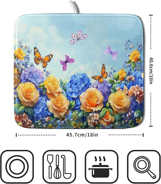 Spring Blue Yellow Hydrangeas Flowers Dish Drying Mat for Kitchen Counter,Colorful Butterflies Flying Drying Mat 16 x 18 Inch with High Absorbent Microfiber Drainer Mat for Coffee Bar