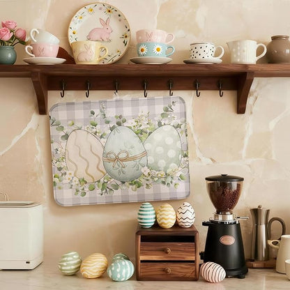 Easter Dish Drying Mat, Ultra Absorbent Easter Drying Mat for Kitchen Counter, Coffee Maker, 18 x 24 Inch