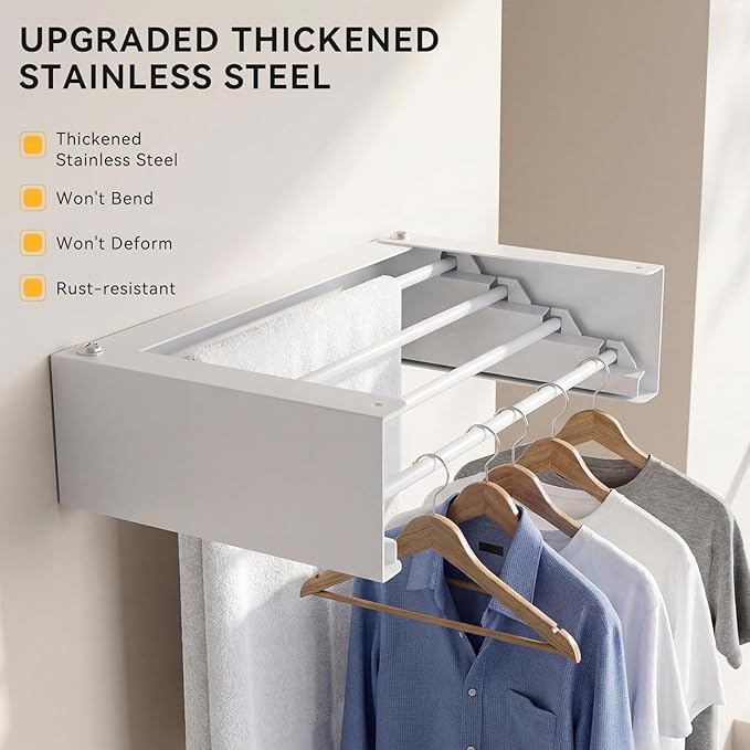 Wall Mounted Drying Rack - 26 Inch Stainless Steel Clothes Drying Rack Collapsible, Heavy Duty 60LBS Laundry Drying Rack, Retractable Folding Dryer Racks for Laundry Drying Indoor/Outdoor