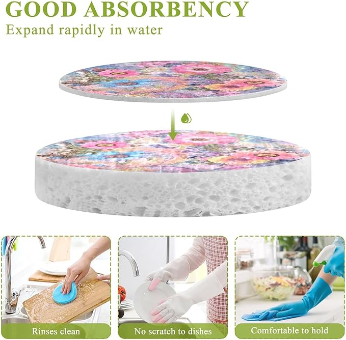 Watercolor Floral Kitchen Scrub Sponges, Pop-up Kitchen Cleaning Sponges Reusable Dish Washing Sponges for Bathroom Household Cleaning 3 Pack - Non Scratch Scrubber