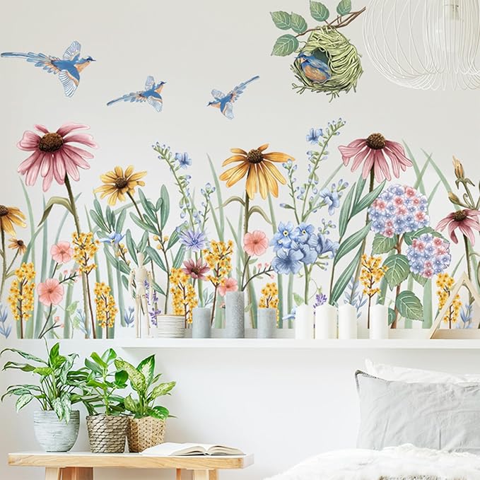 Wildflower Grass Daisy Wall Decals, Garden Floral Birds Flower Wall Stickers, BWCXXZH Self-Adhesive Wall Art Stickers for Girls Bedroom Living Room Nursery Decor