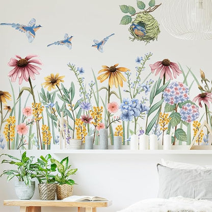 Wildflower Grass Daisy Wall Decals, Garden Floral Birds Flower Wall Stickers, BWCXXZH Self-Adhesive Wall Art Stickers for Girls Bedroom Living Room Nursery Decor
