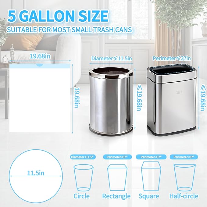 200 Count Small Trash Bags for 5-Gallon Trash Cans,Thick Pre-separated Garbage Bags,Mini Wastebasket can Liners for Bathroom Bedroom Office(White)