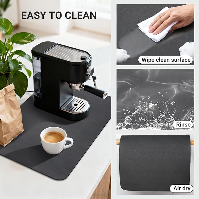 Coffee Mat 24x16 Inch, Black Coffee Area Mat, Absorbent Hide Stain Rubber Backed Dish Drying Mat for Kitchen Counter, Bar Mats for Countertops,Under Coffee Table Bar Maker Machine Pot Espresso Staion