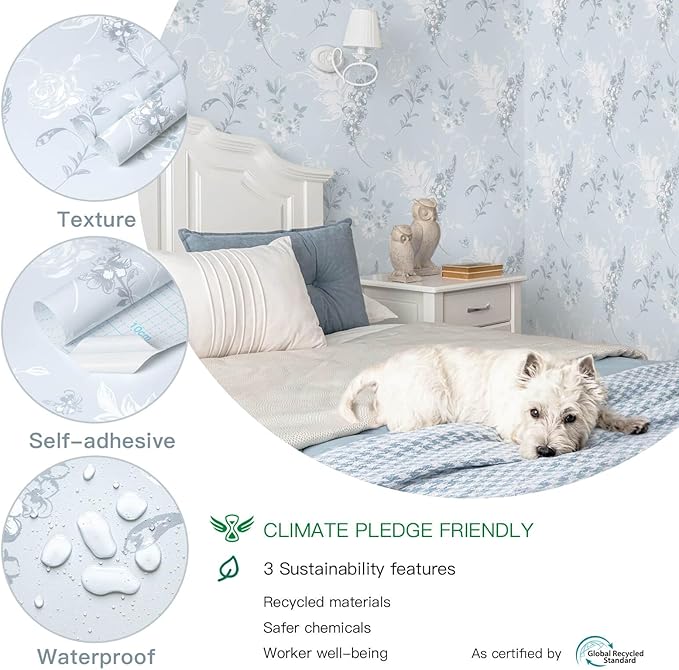 Heroad 17.3inx32.8ft Peel and Stick Wallpaper Delicate Floral Blue Wall Paper French Contact Paper for Cabinet Drawers Self Adhesive Removable Wallpaper for Bathroom Stick on Walls Decor Vinyl Roll
