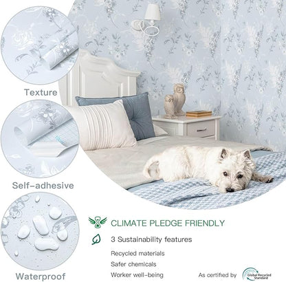 Heroad Blue Peel and Stick Wallpaper French Floral Contact Paper for Cabinet Drawers Vintage Self Adhesive Removable Wall Paper for Bedroom Bathroom Stick on Walls Decor Vinyl Roll 17.3''x78.7''