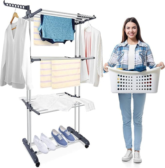 Clothes Drying Rack, Large 3-Tier Rolling Folding Dryer Hanger Storage Collapsible Garment Rack Standing Rack with Foldable Wings and Casters for Indoor Outdoor